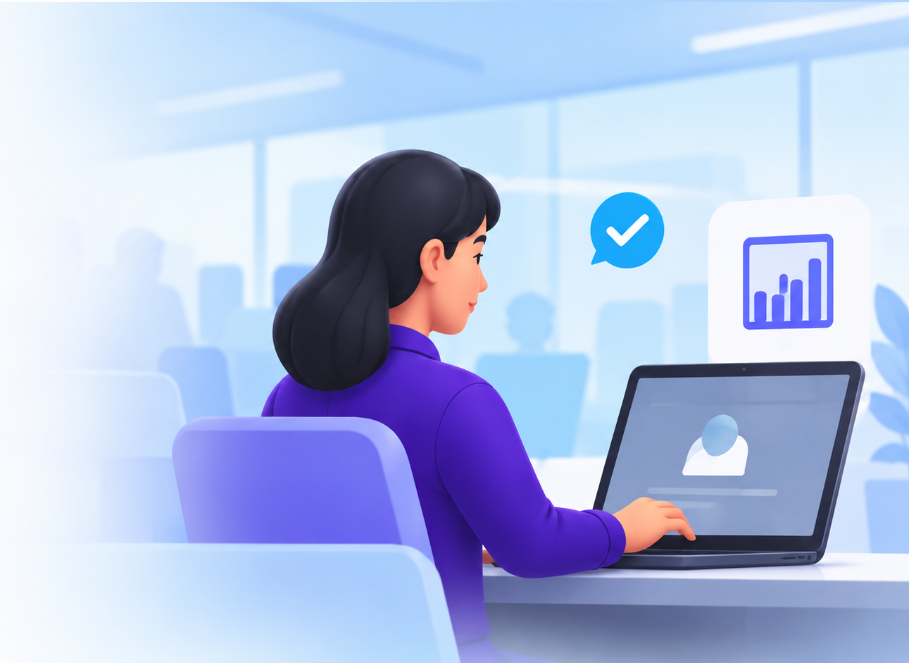 Mujer trabajando con paneles analíticos